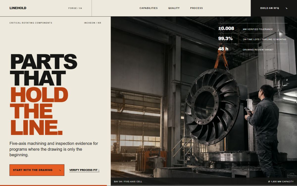 Linehold Forge high-contrast industrial commerce website shown at desktop width