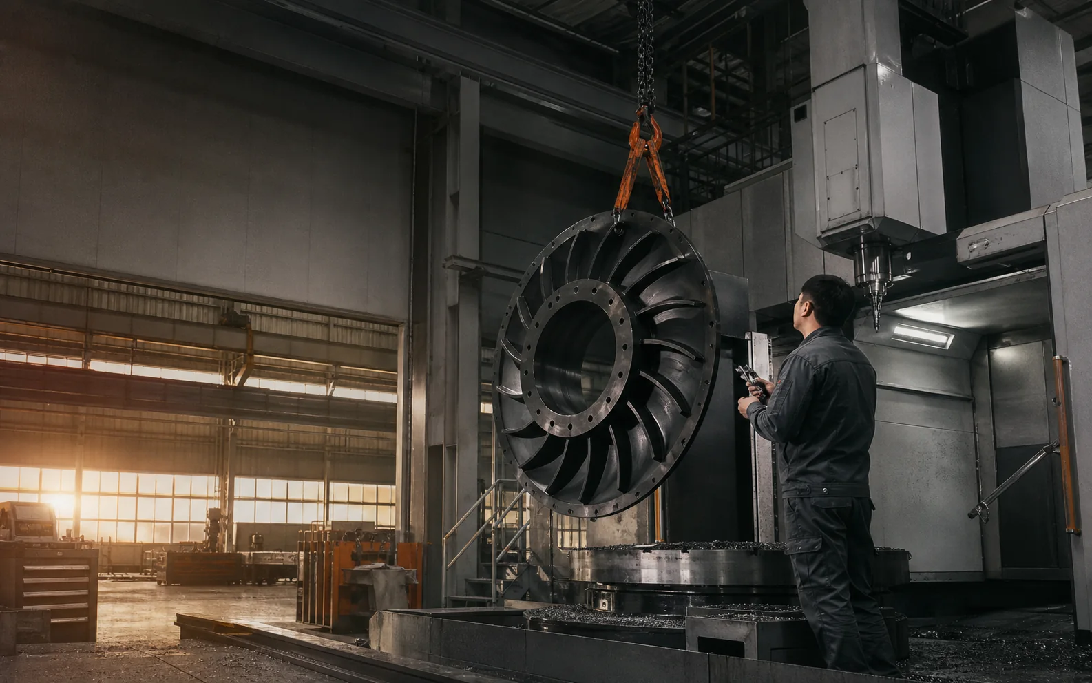 Engineer inspecting a large machined turbine component beside a five-axis machining center