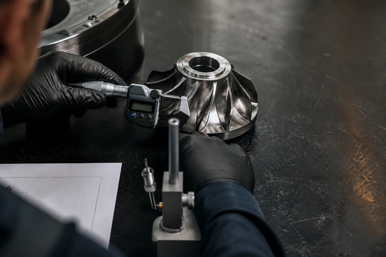 Quality engineer measuring a machined impeller with a micrometer